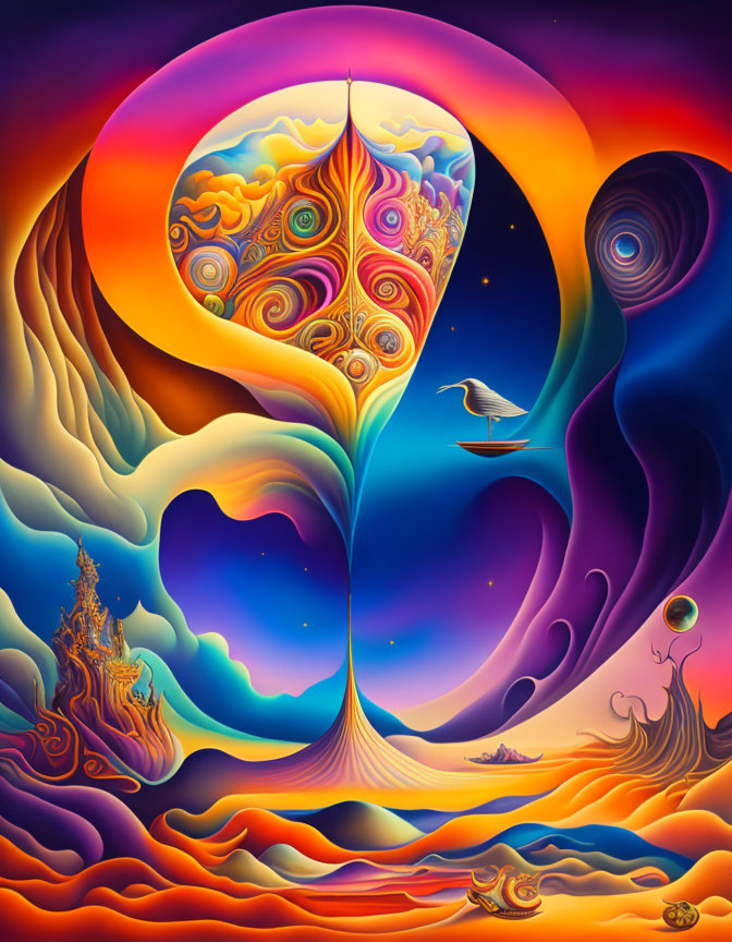 Colorful surreal illustration of cosmic landscape with abstract shapes and seagull