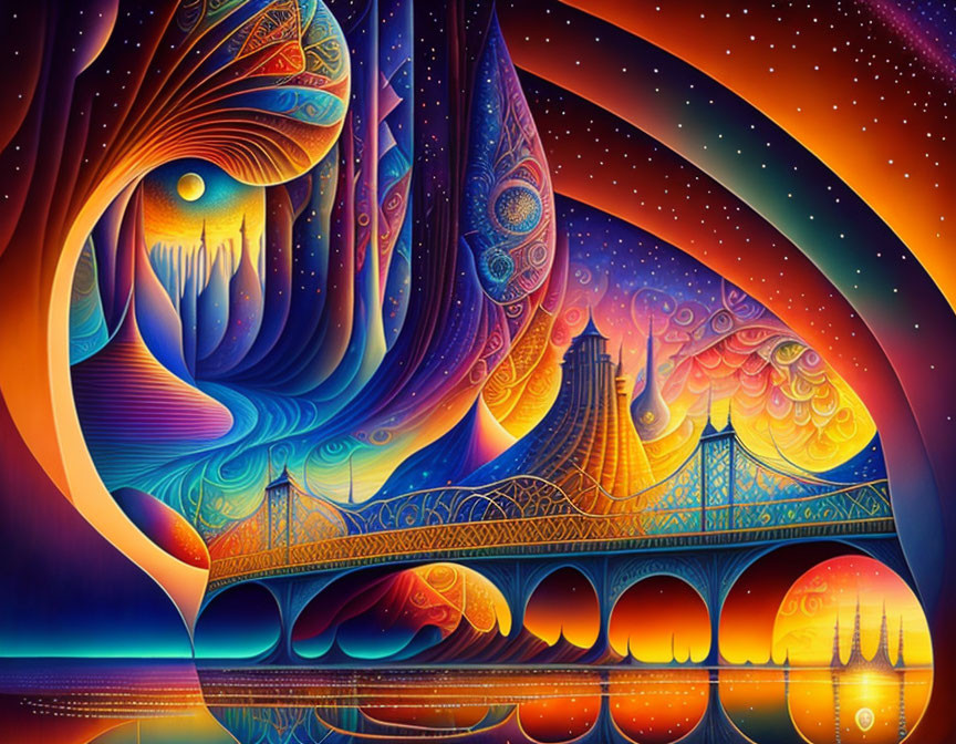 Colorful surreal artwork with fantastical bridge and cosmic backdrop