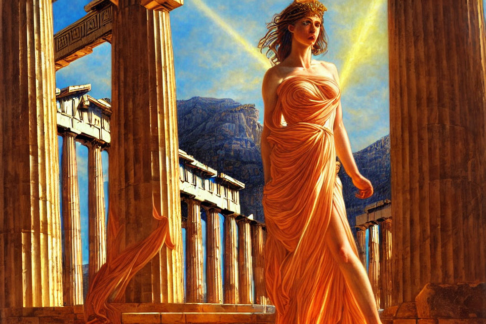 Goddess-like woman in golden gown by classical columns