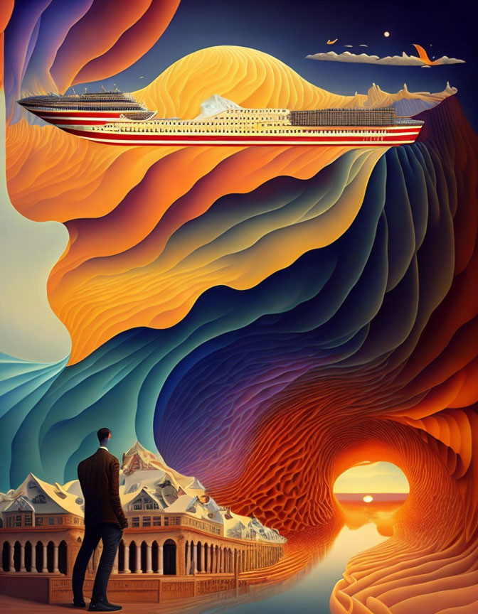 Surreal illustration of man, ship, houses, and sun in tunnel