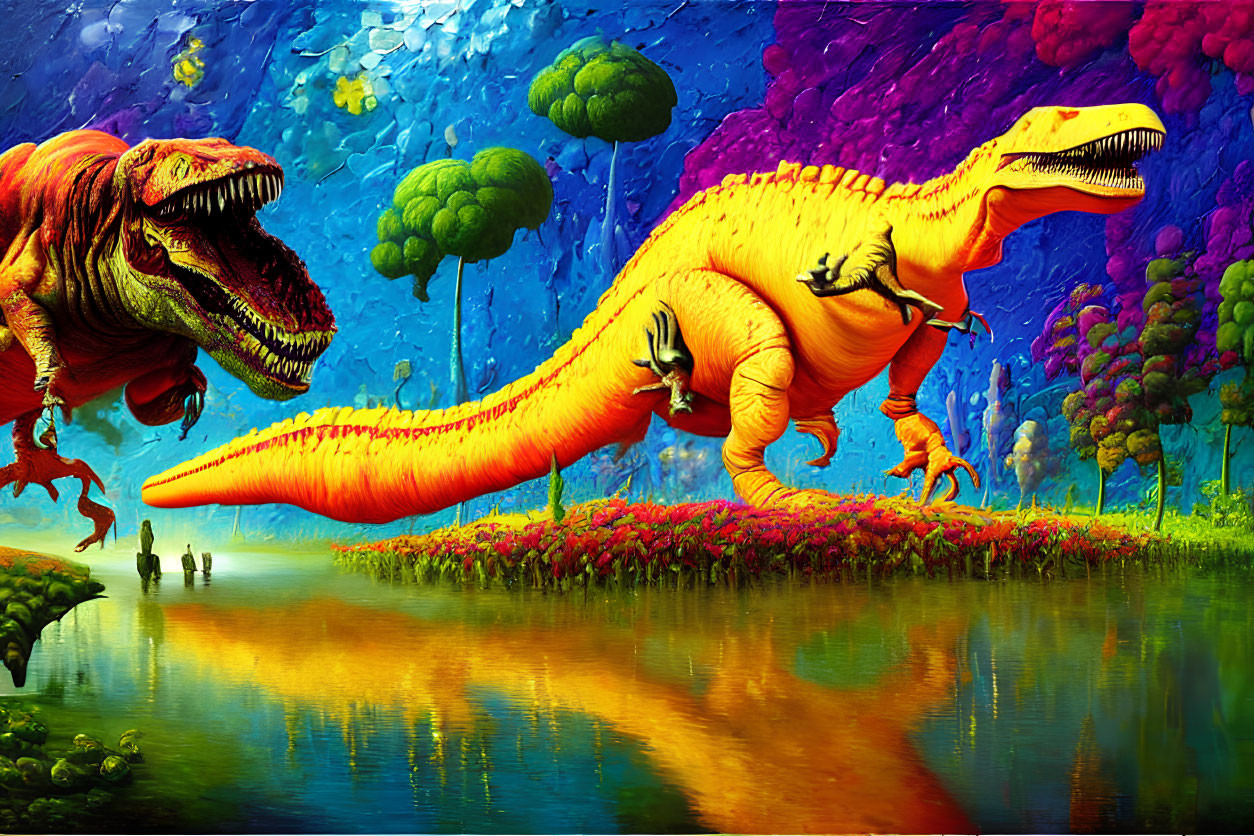 Colorful Prehistoric Scene with Dinosaurs and Humans by Reflective Lake