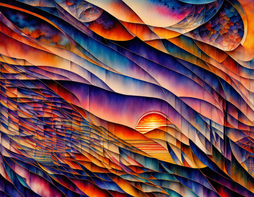 Colorful abstract art with wavy patterns and a stylized sunset in warm hues.