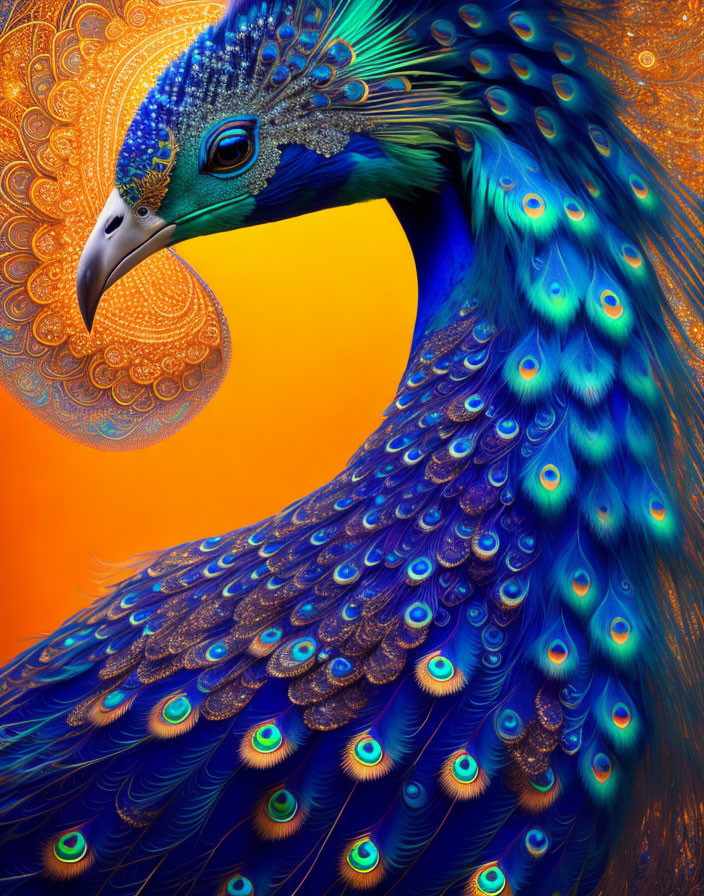 Colorful Peacock with Iridescent Blues and Greens on Orange Background