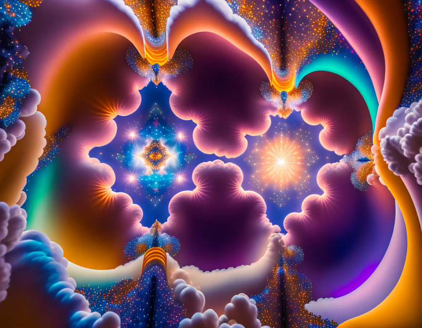 Colorful fractal image with swirling clouds and glowing stars