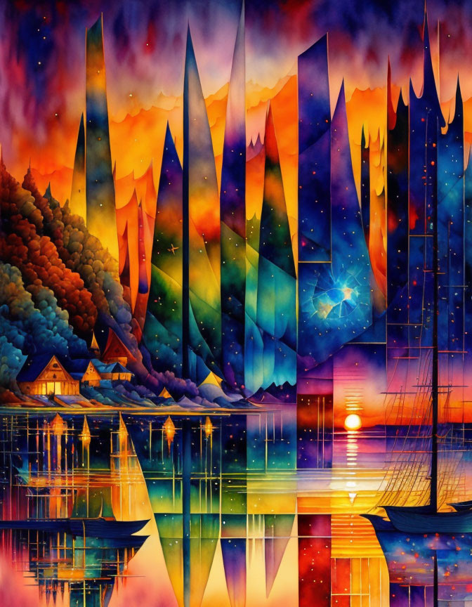 Surreal painting: geometric mountains, reflective lake, glowing houses, sailing boat.