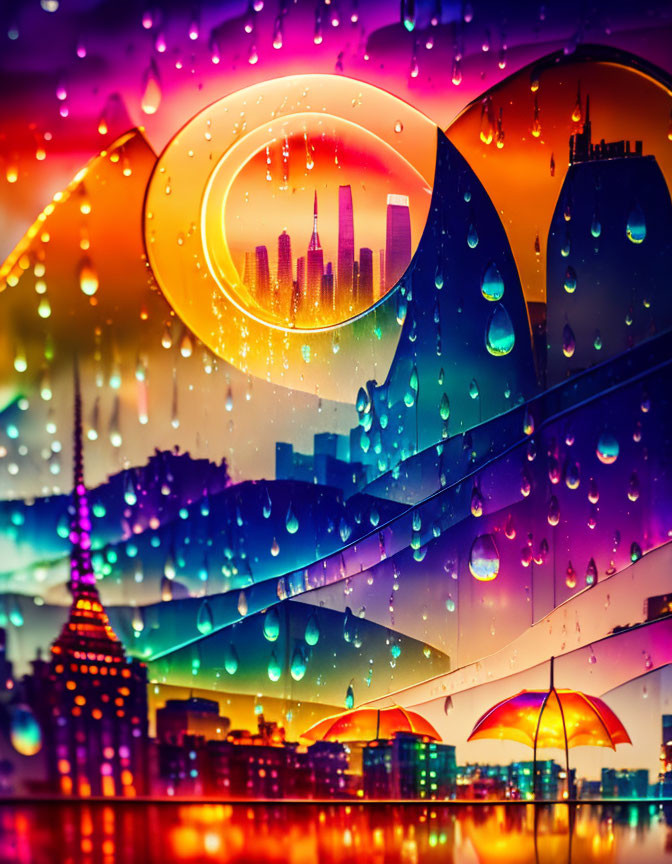 Colorful cityscape through water droplets: Skyscrapers, bright umbrella