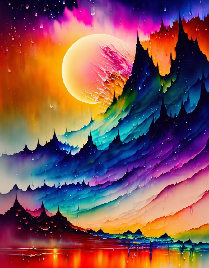 Colorful abstract artwork: vibrant sky, yellow planet, layered waves, clouds, silhouetted