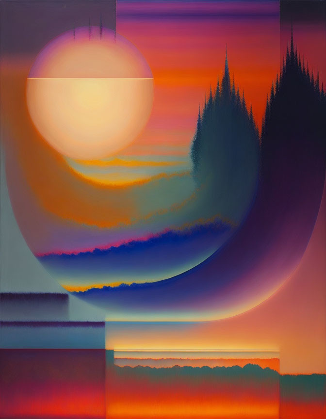 Layered geometric and organic shapes in vibrant sunrise hues with large sun-like sphere and silhouette trees.