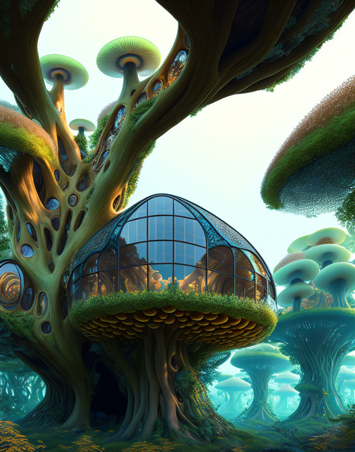 Fantastical treehouse in surreal mushroom forest