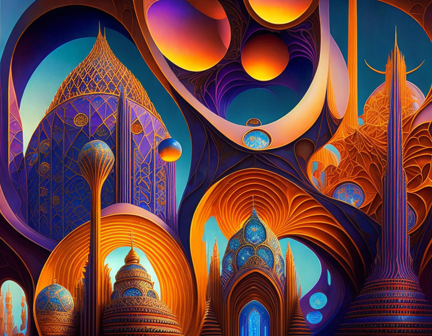 Colorful futuristic cityscape with ornate buildings in blues and oranges