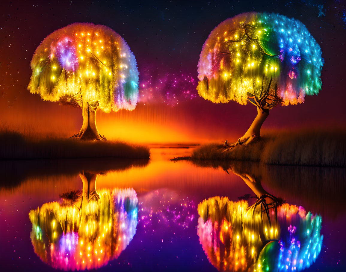 Vibrant illuminated trees with colorful lights reflecting on serene water under starry night sky