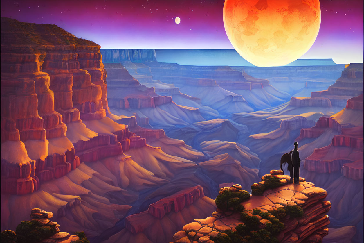 Surreal landscape with large orange moon, canyon, wolf silhouette, and twilight sky