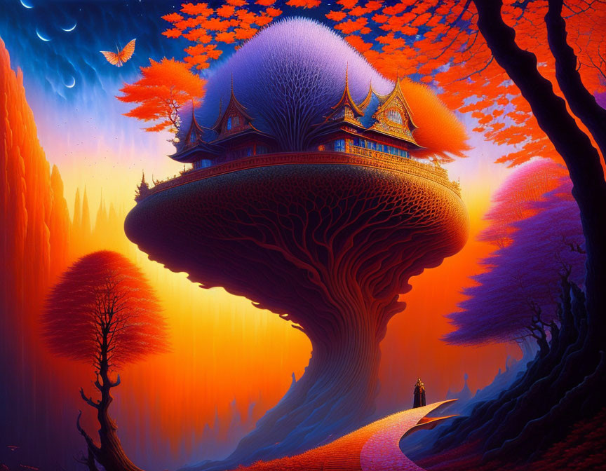 Fantasy landscape with colossal tree, castle, red foliage, and orange sky