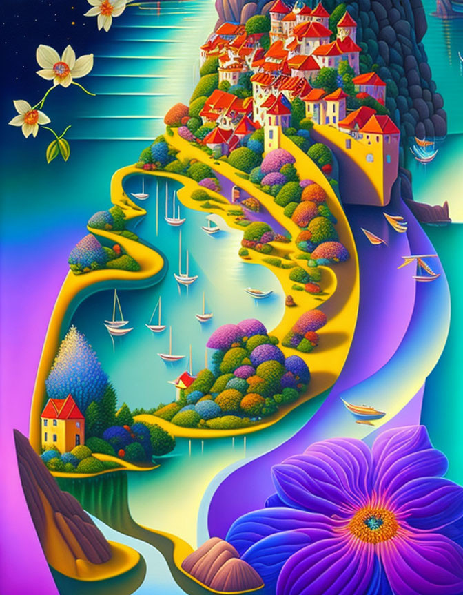 Colorful surreal landscape with winding river and fantastical flowers