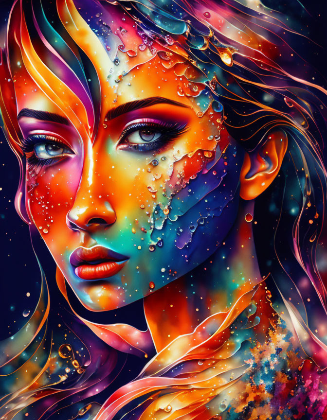 Colorful cosmic portrait of a woman with water droplets and starry elements