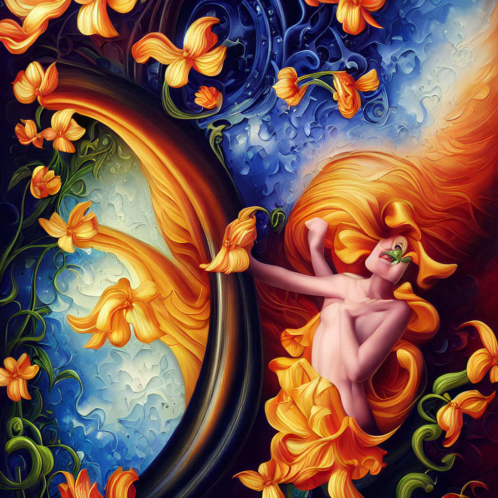 Colorful fantasy illustration of woman with orange hair in swirling gold and blue patterns