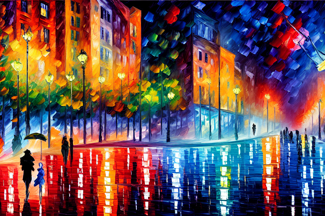 Colorful cityscape painting of rainy streets with street lamps, reflections, and silhouettes.