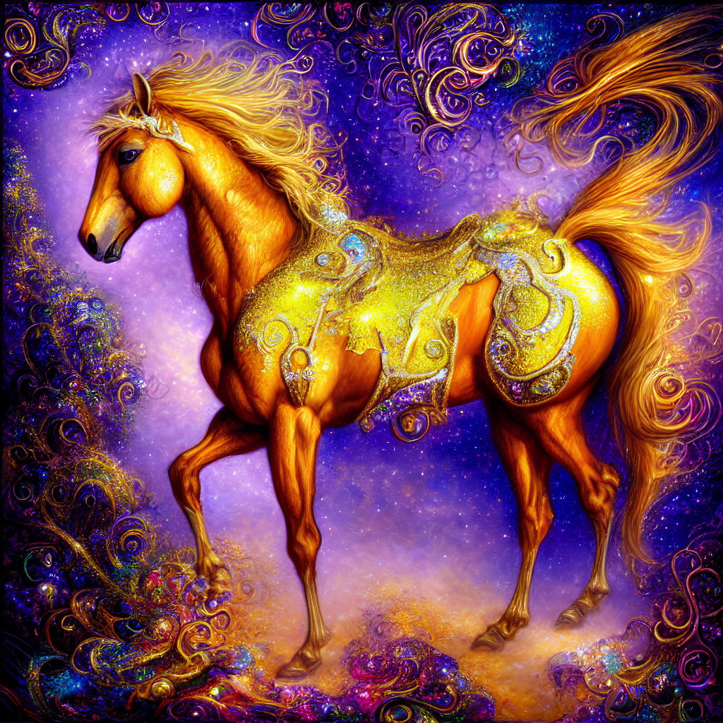 Vibrant digital art: Golden horse with jeweled harnesses on cosmic-purple backdrop