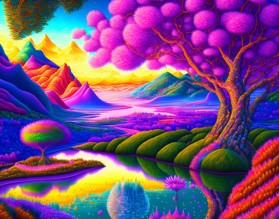 Colorful surreal landscape with purple tree, calm river, and twilight mountains