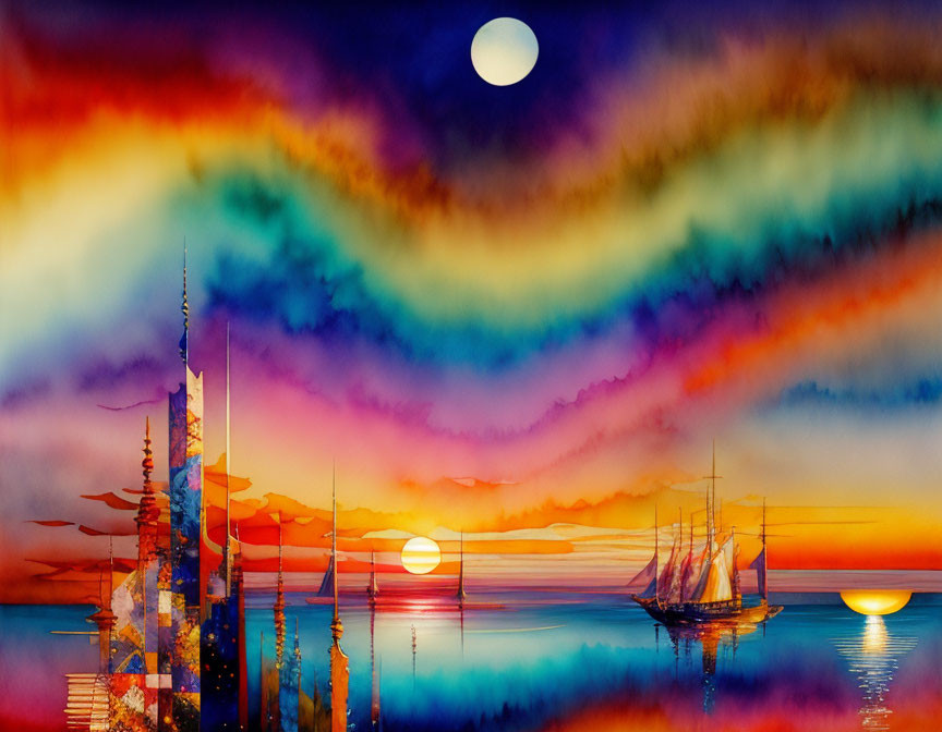 Futuristic cityscape watercolor with sailboat, dramatic sky