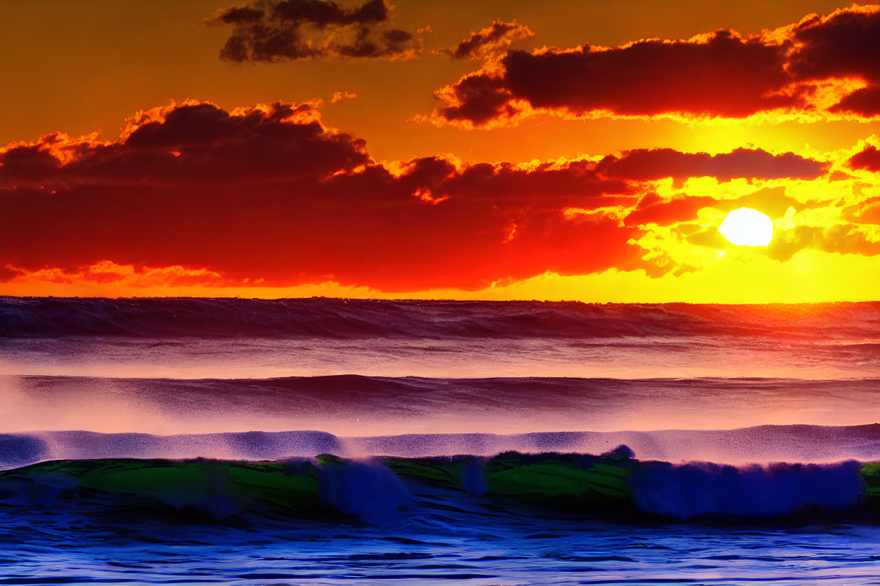 Fiery sunset over ocean horizon with vibrant sky and reflective waters.