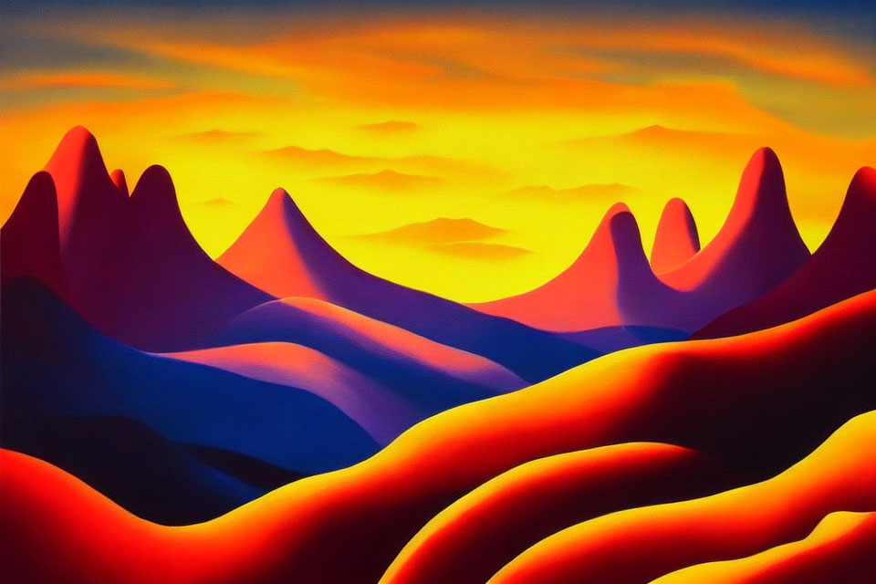 Colorful painting of stylized hills under an orange and yellow sunset