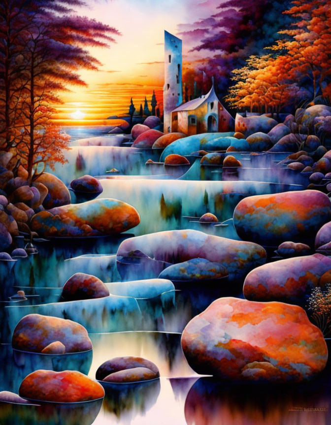 Colorful Painting: Tranquil Lake, Stones, Mist, Castle, Sunset Sky