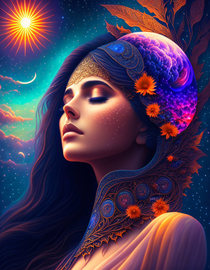 Galaxy-themed woman portrait with cosmic background