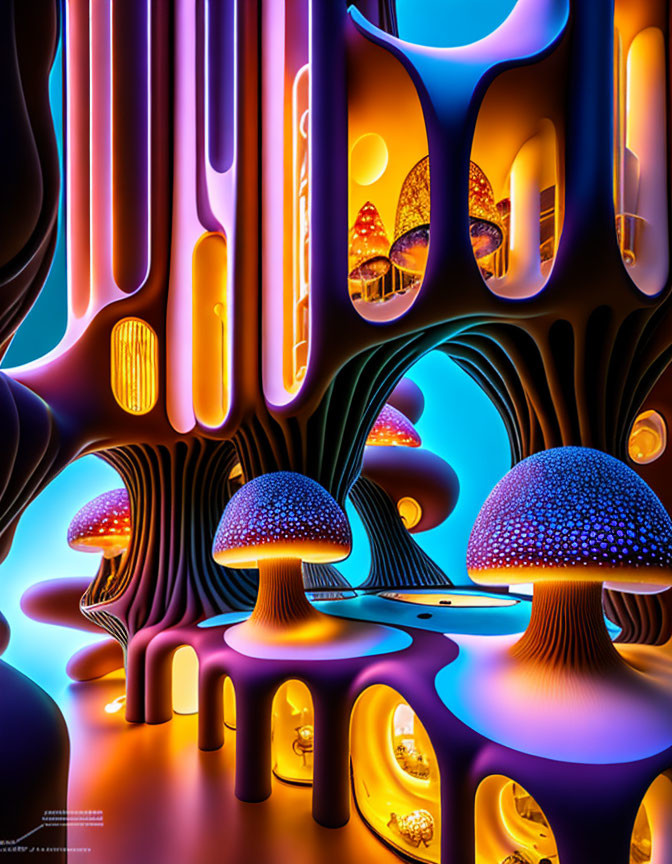 Colorful digital art: stylized mushrooms & neon-lit organic shapes in surreal landscape