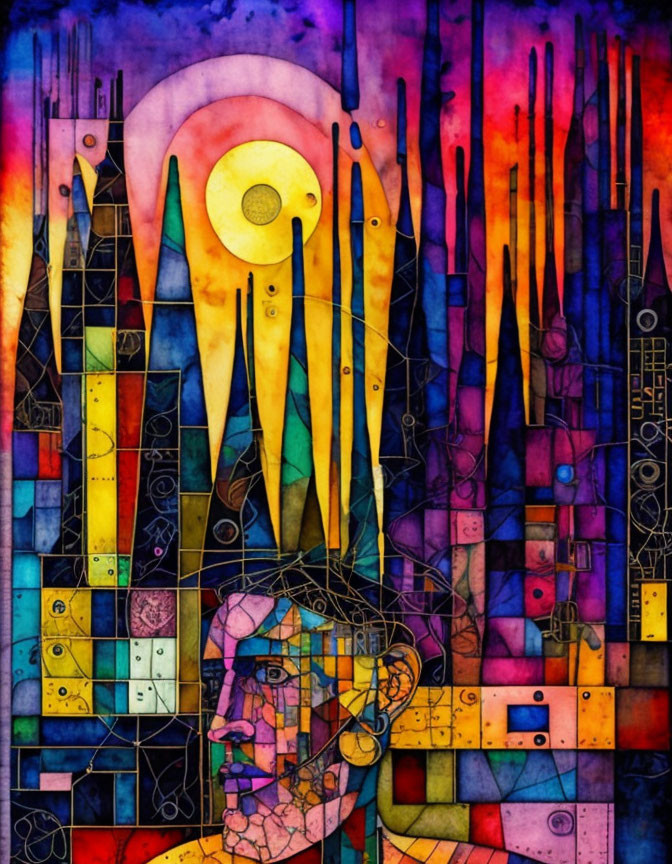 Colorful Stained-Glass Style Artwork: Human Head Profile with Geometric Patterns and Abstract City