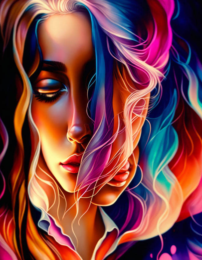 Colorful digital artwork: Woman with flowing hair on dark background