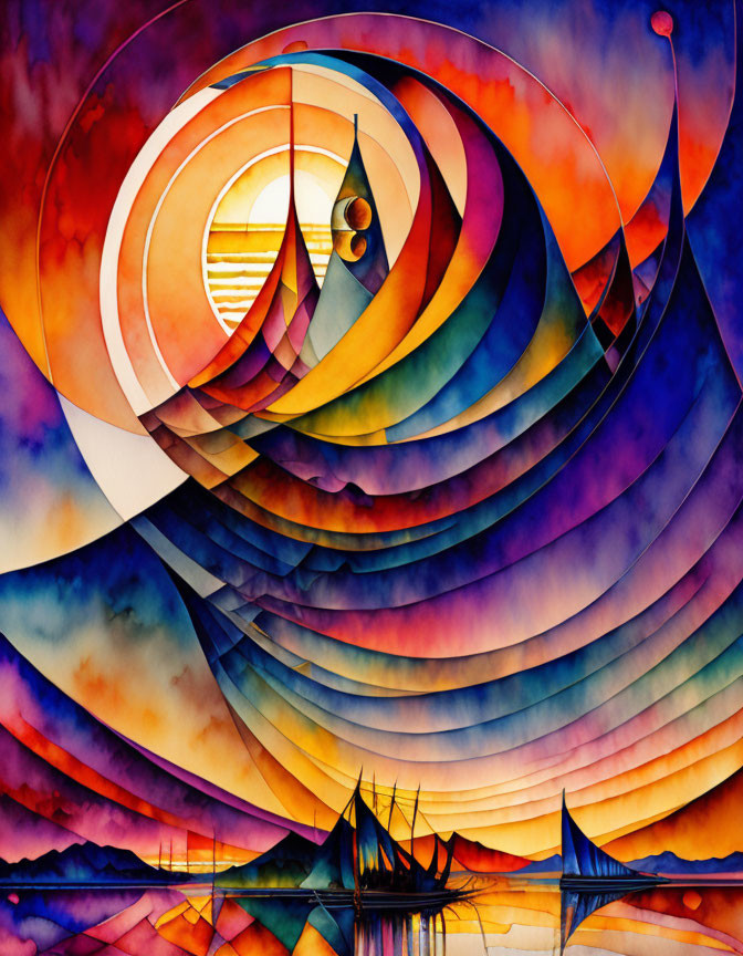 Abstract vibrant painting with swirling red, orange, and yellow patterns over serene blue water and sailboats.