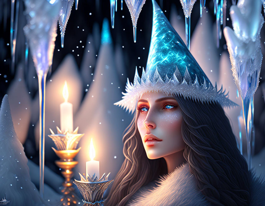 Fantastical image: Woman with ice crown and pointed hat among candles and icicles