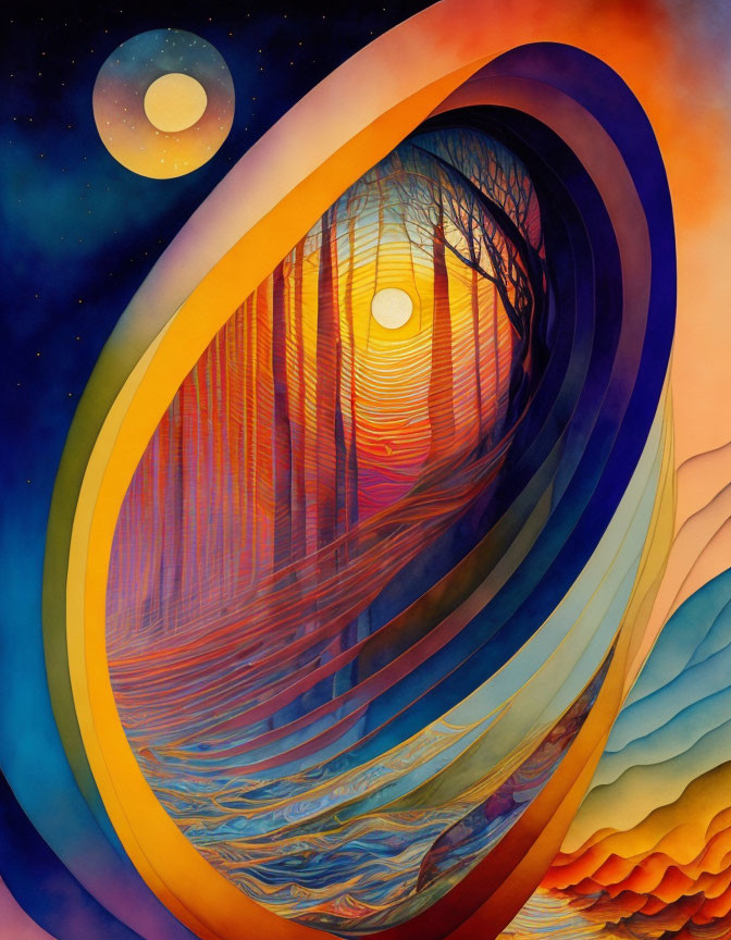 Vibrant surreal painting with layered elliptical shapes framing forest, sun, moon, and water.