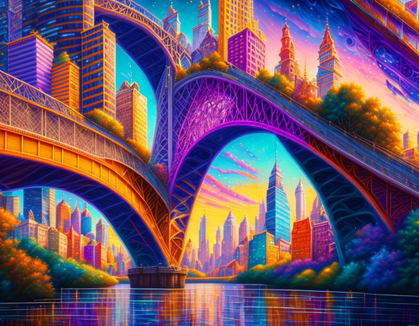 Colorful surreal cityscape with layered bridges and reflective water