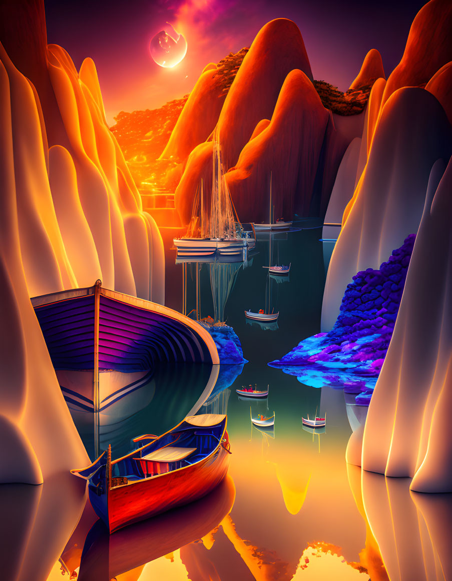 Fantasy landscape with flowing rock formations and colorful boats reflected in mirror-like water