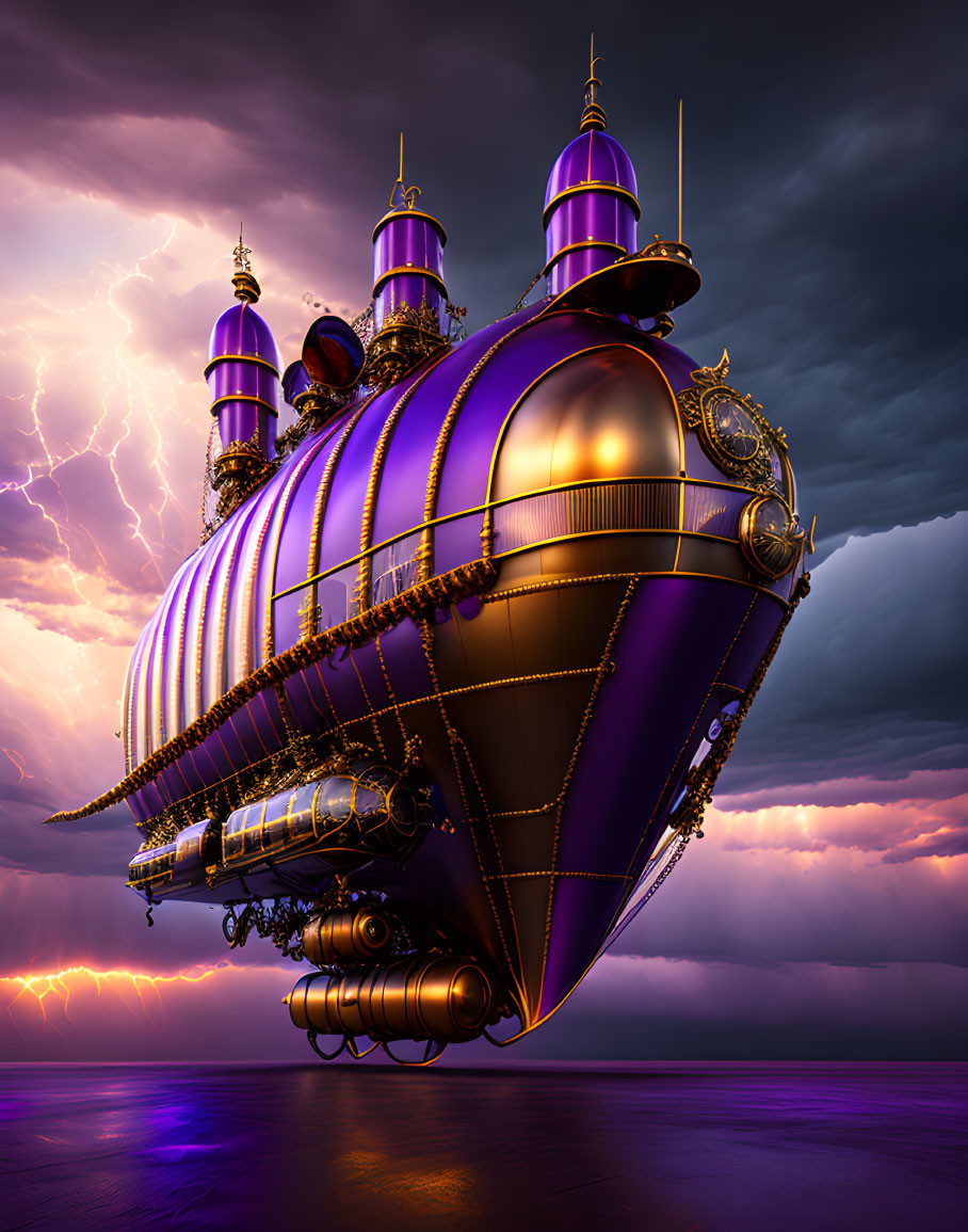 Purple Steampunk Airship in Dramatic Sky with Lightning