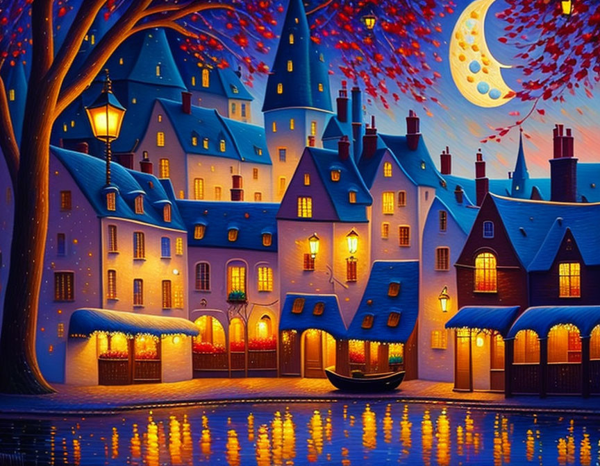 Colorful painting of whimsical village night scene with crescent moon, starry sky, and river