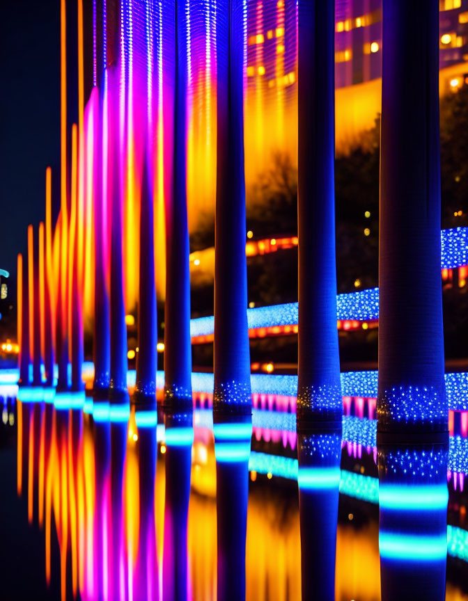 Vibrant illuminated columns reflecting on water at night with cityscape backdrop