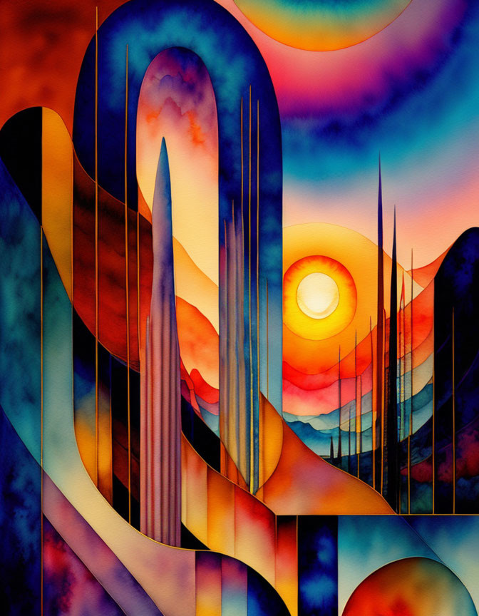 Colorful Abstract Art with Smooth Curves and Stylized Sun