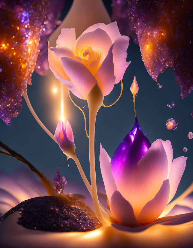 Glowing surreal flowers with illuminated petals in a magical setting