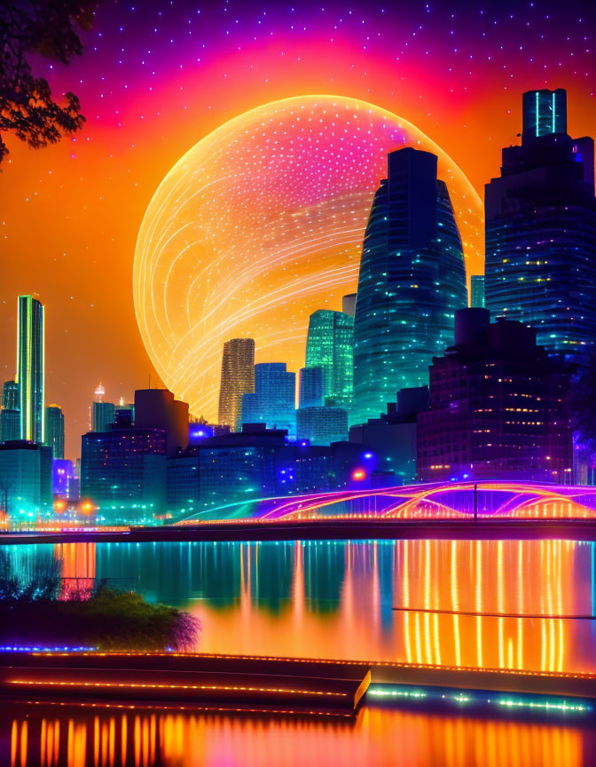 Colorful night cityscape with neon lights, glowing sky, and water reflection