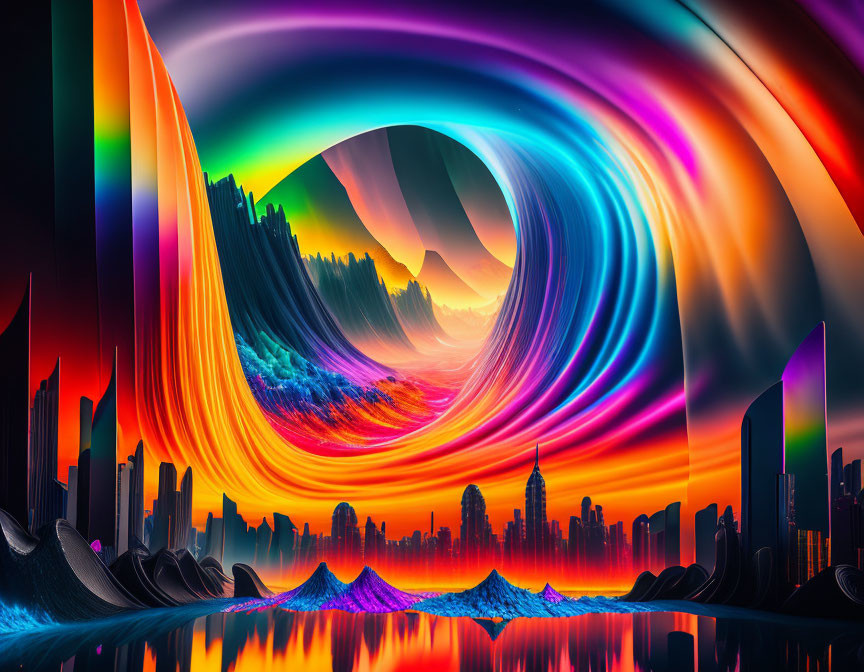 Futuristic cityscape digital artwork with psychedelic sky.