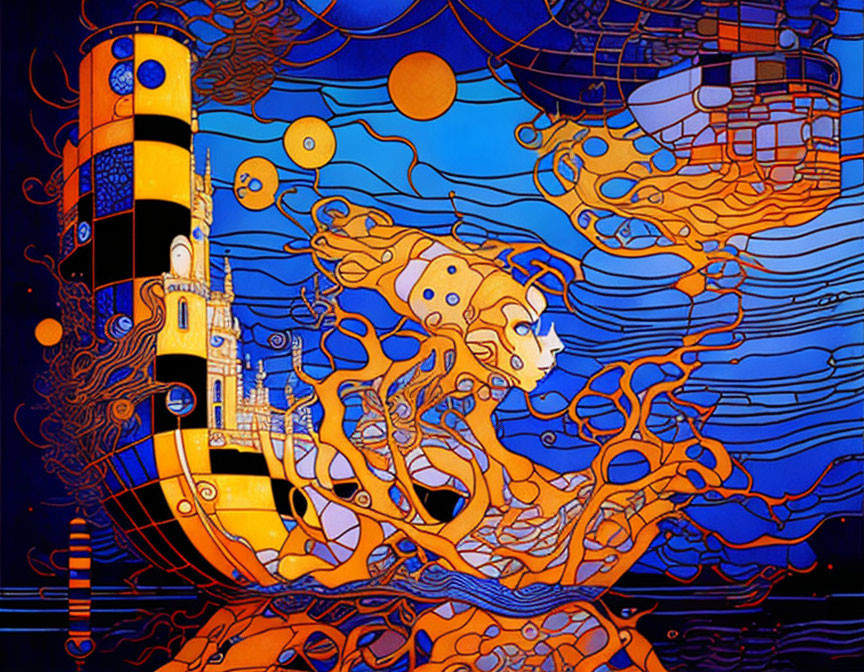 Abstract Artwork: Blue Background, Golden Circles, Castle Structure, Swirling Lines, Face in