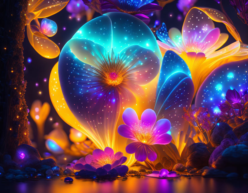 Fantasy landscape with neon flowers, radiant orbs, and mystical colors