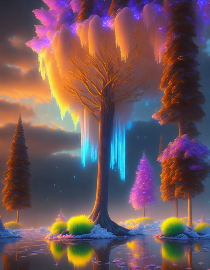 Digital artwork: Magical forest with glowing purple leaves and blue icicles reflected in water under twilight sky