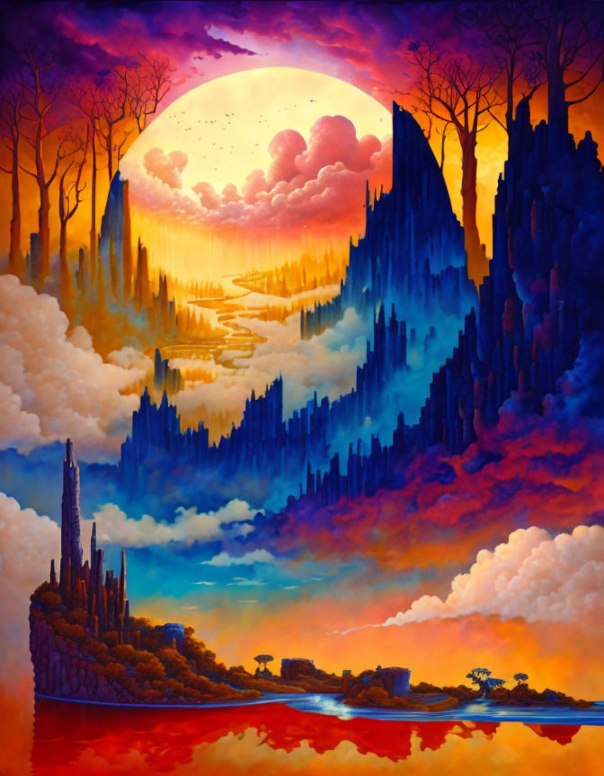 Colorful surreal landscape painting with large setting sun, silhouetted trees, and fantastical cliffs