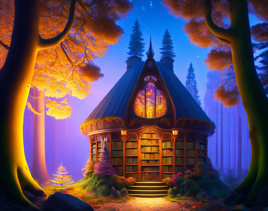 Enchanting forest library with glowing windows among tall golden trees