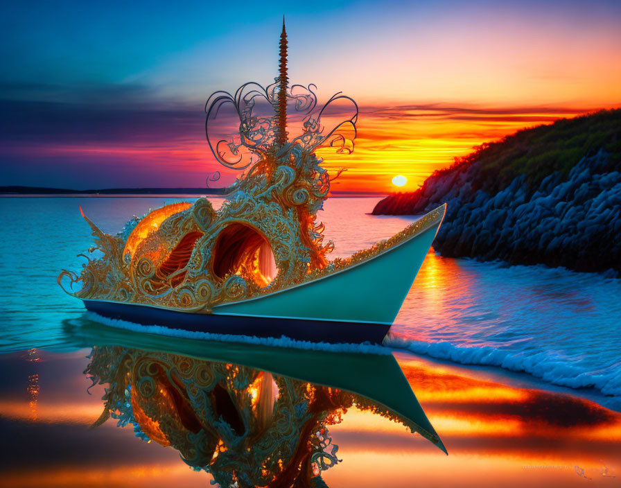 Golden ornate boat on calm waters at sunset