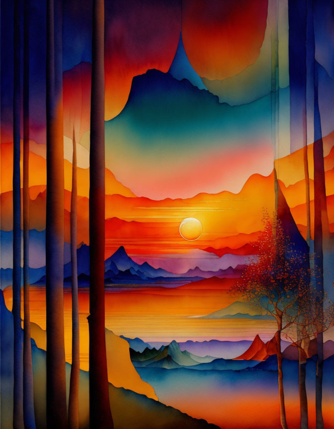 Colorful Sunset Landscape Painting with Mountains, Lake, Trees, and Gradient Sky